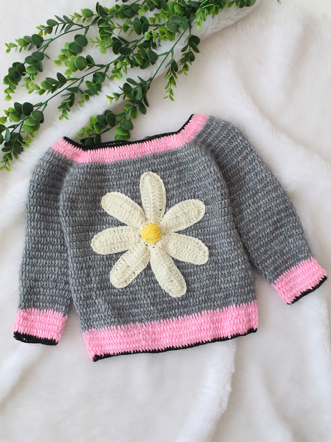 Crochet Floral Handmade Sweater - Grey