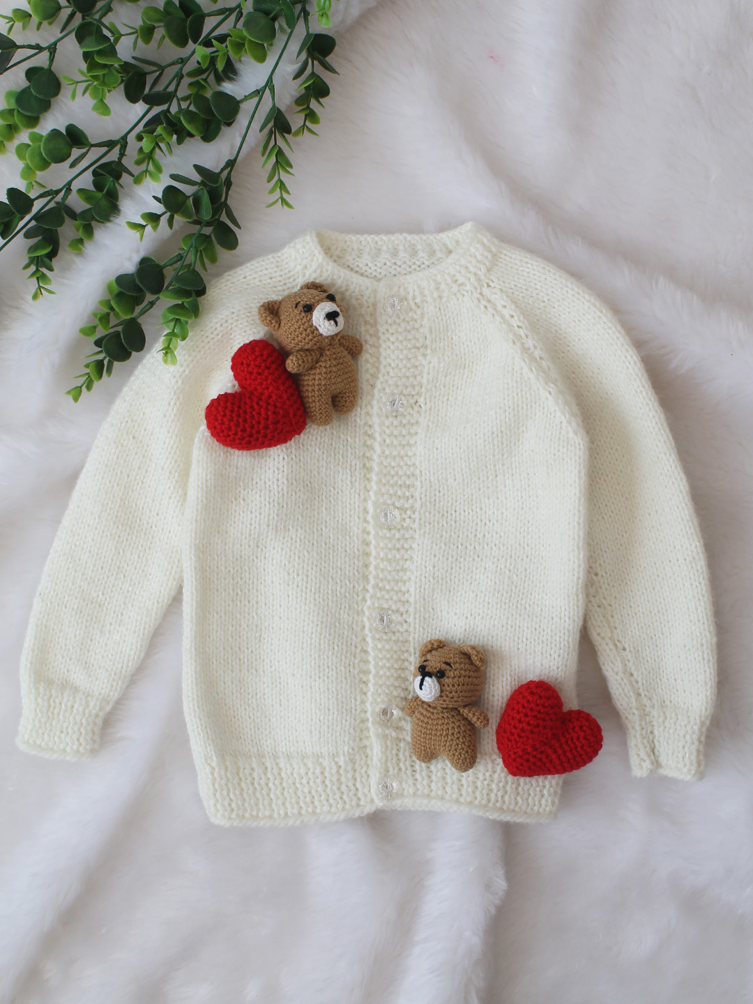 Bear and Heart Applique Knitted Sweater - Off White