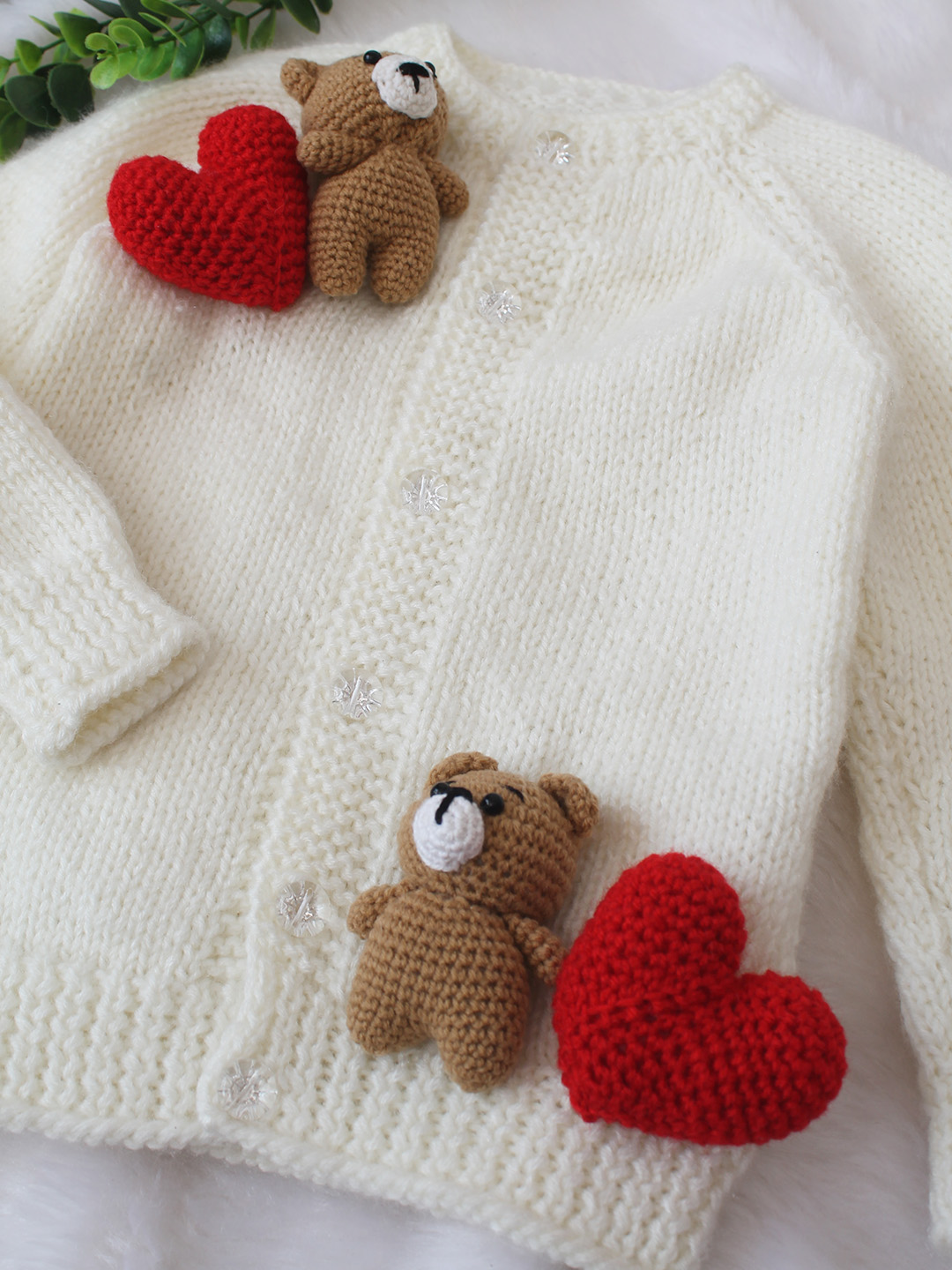Bear and Heart Applique Knitted Sweater - Off White
