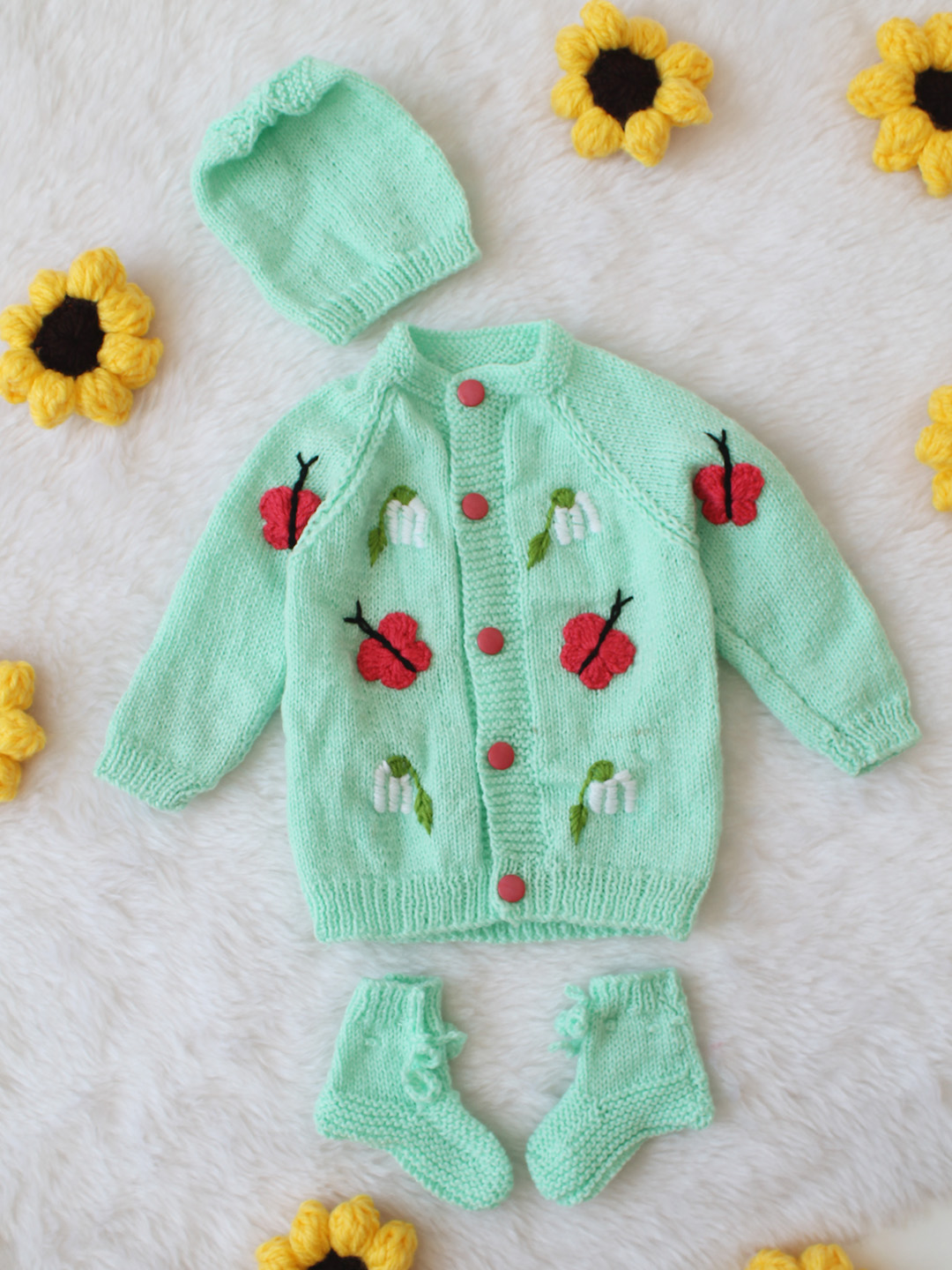 Knitted Butterfly and Floral Applique Sweater with Cap and Socks - Green