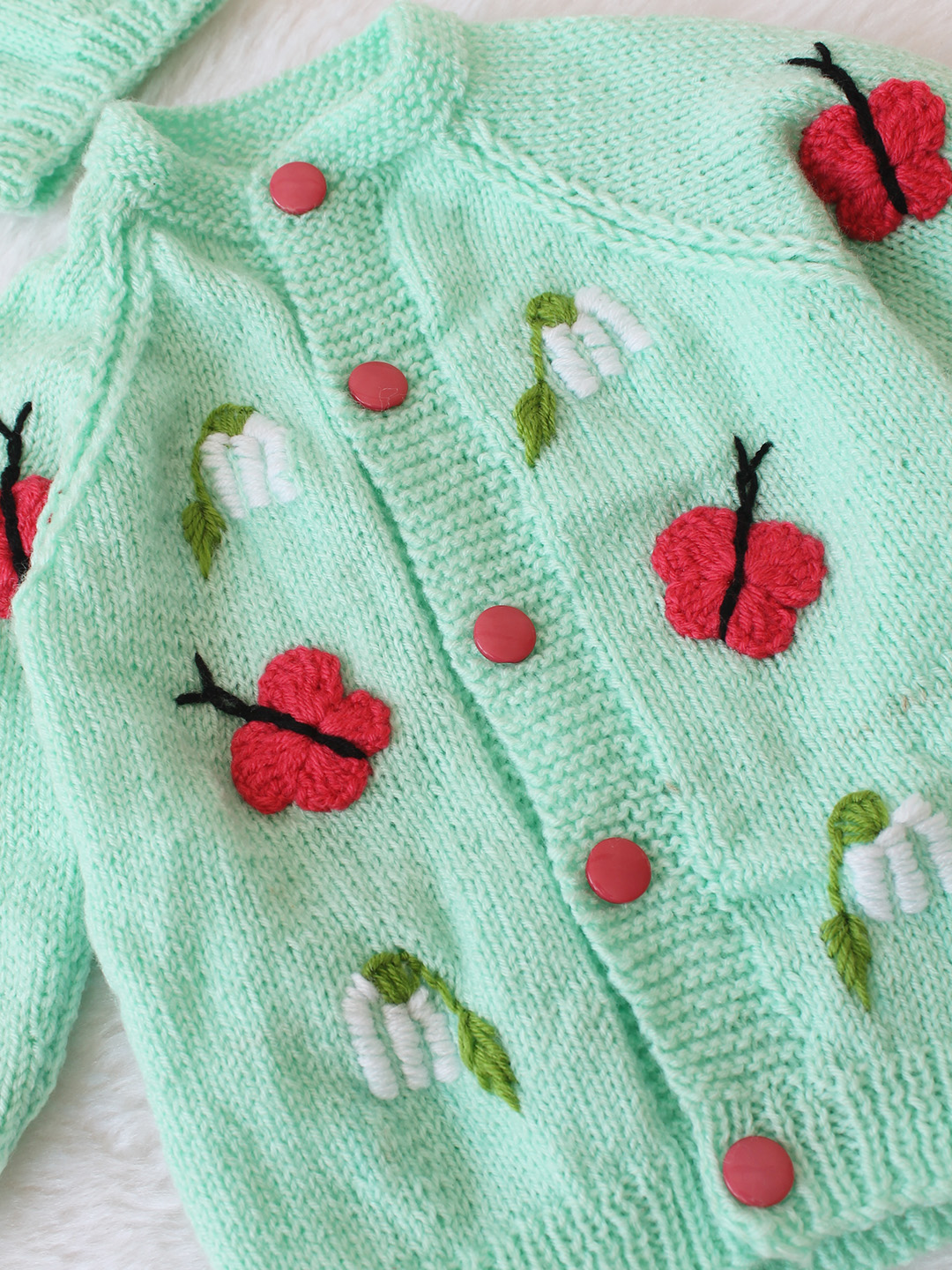 Knitted Butterfly and Floral Applique Sweater with Cap and Socks - Green