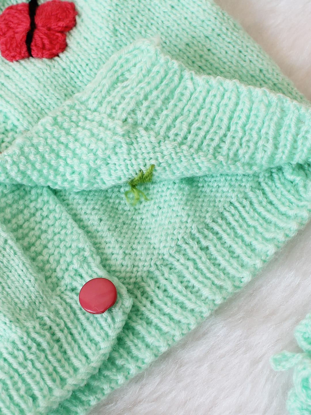 Knitted Butterfly and Floral Applique Sweater with Cap and Socks - Green