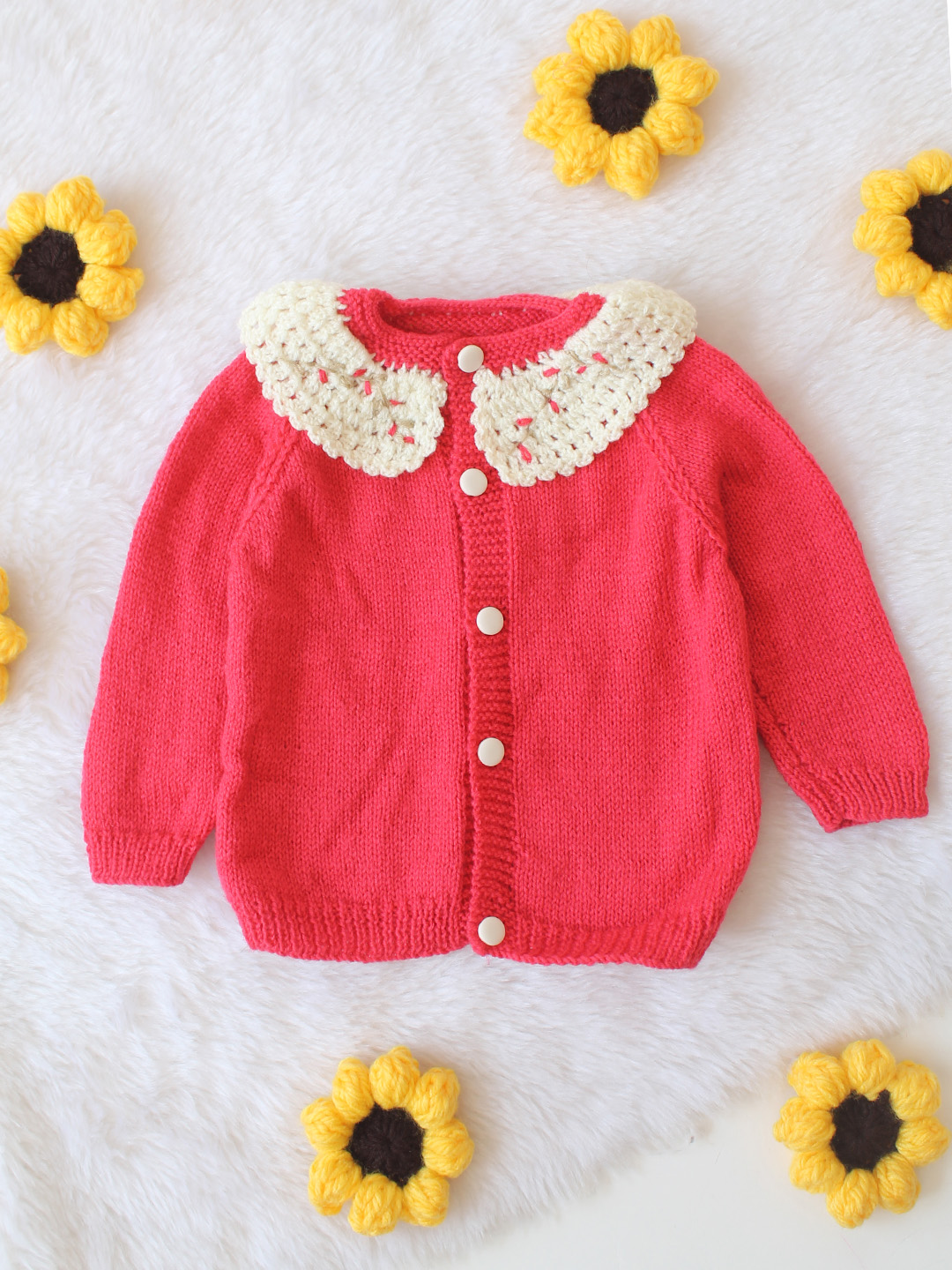 Crochet Ruffle Collar Baby Sweater - Red