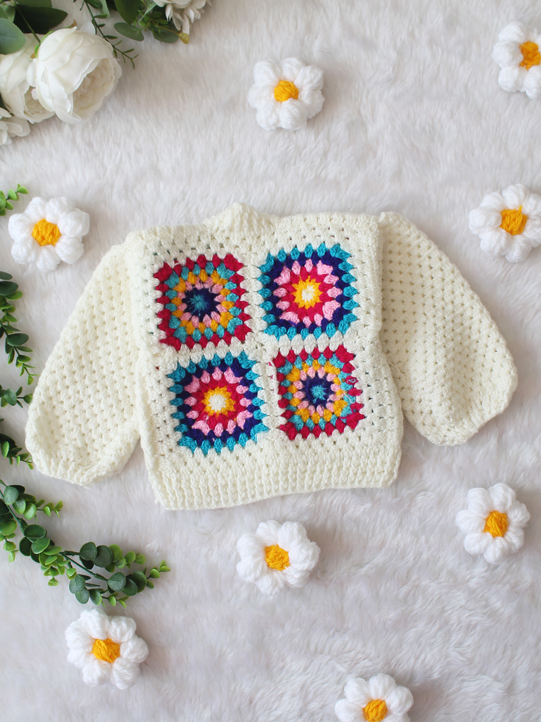 Colorful Granny Square Sweater - Cream