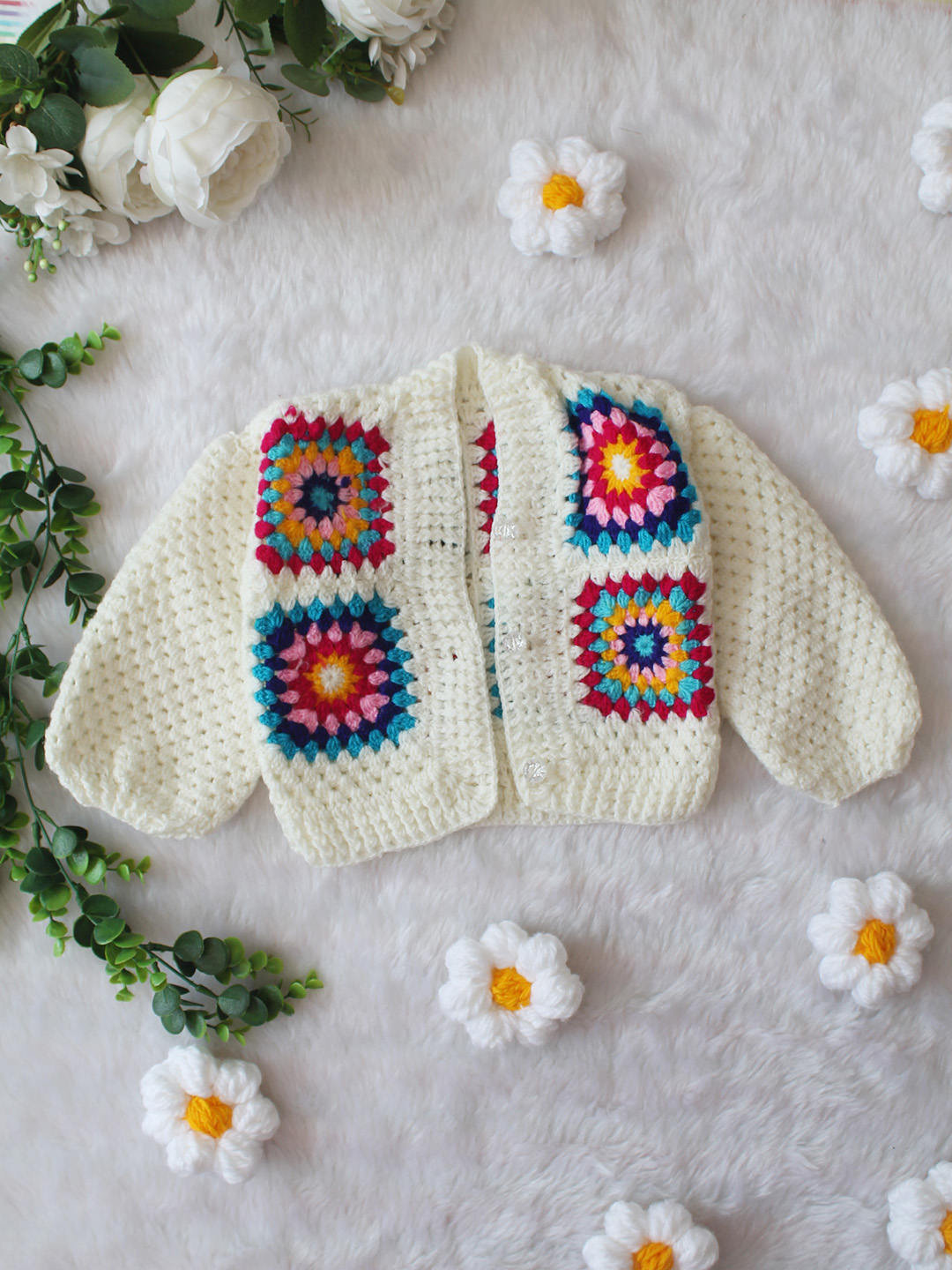 Colorful Granny Square Sweater - Cream