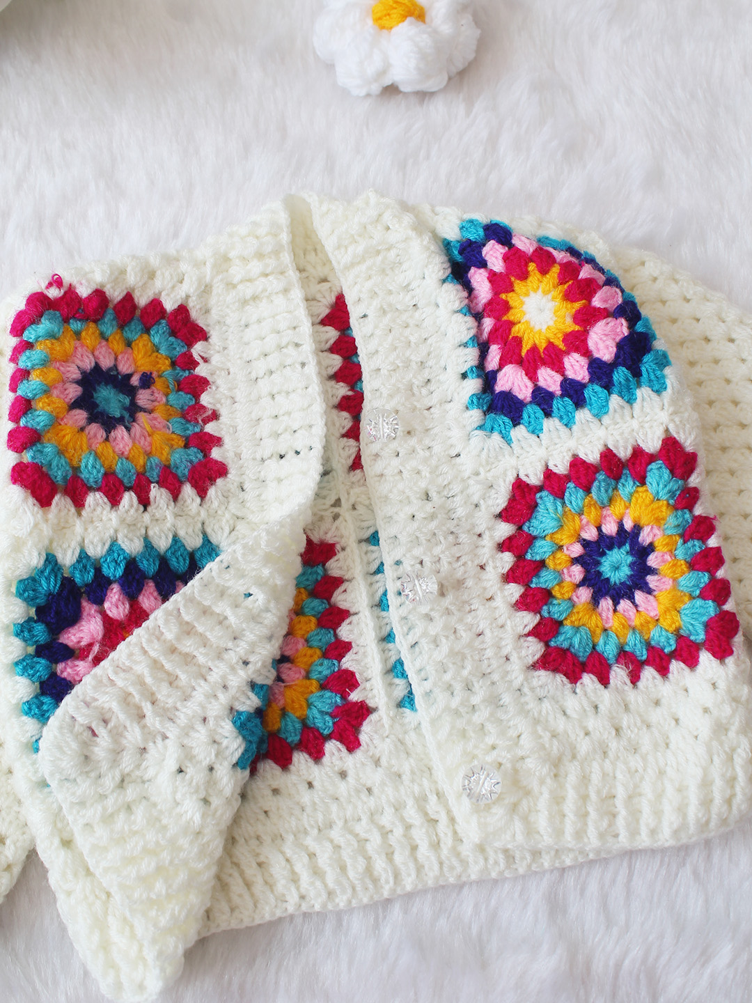 Colorful Granny Square Sweater - Cream