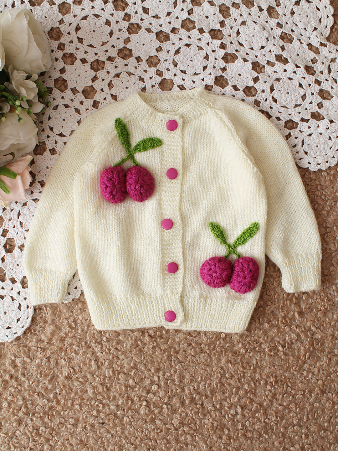 Woonie HandKnitted Full Sleeves Self Designed Cardigan - Cream