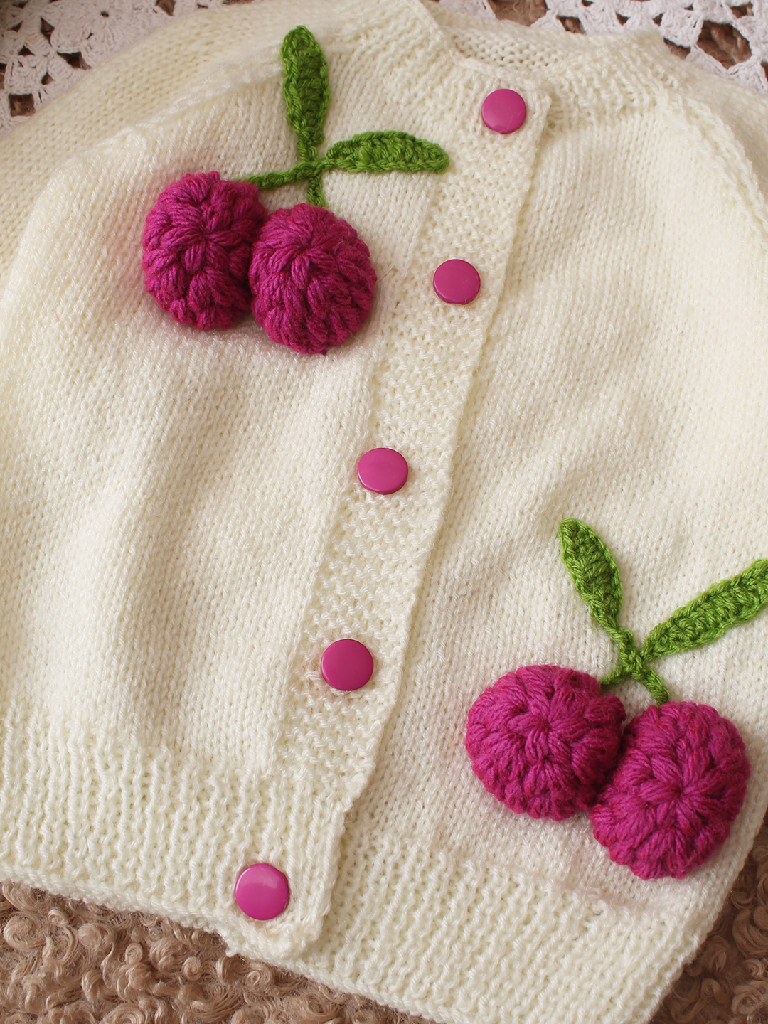 Woonie HandKnitted Full Sleeves Self Designed Cardigan - Cream