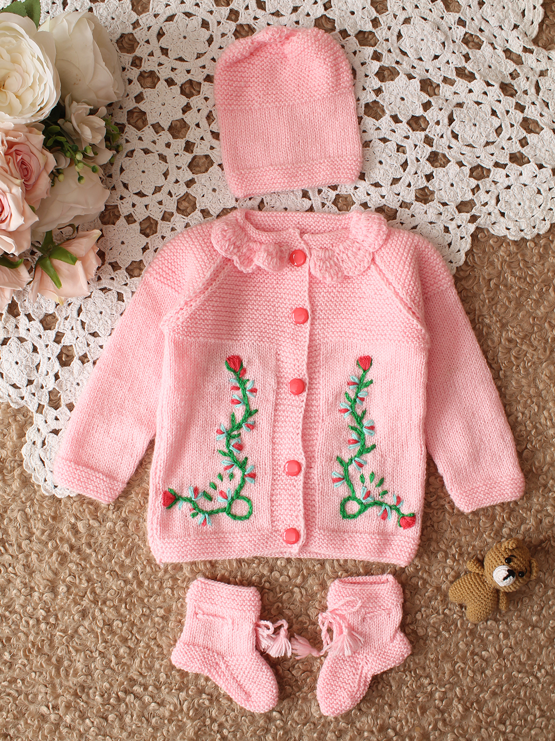 Woonie HandKnitted Full Sleeves Floral Embroidered Cardigan with Cap and Socks - Pink