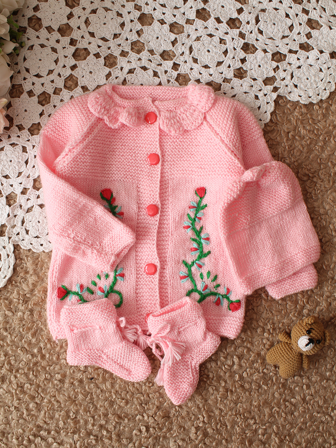 Woonie HandKnitted Full Sleeves Floral Embroidered Cardigan with Cap and Socks - Pink