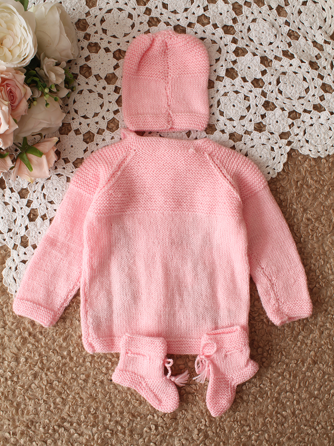 Woonie HandKnitted Full Sleeves Floral Embroidered Cardigan with Cap and Socks - Pink