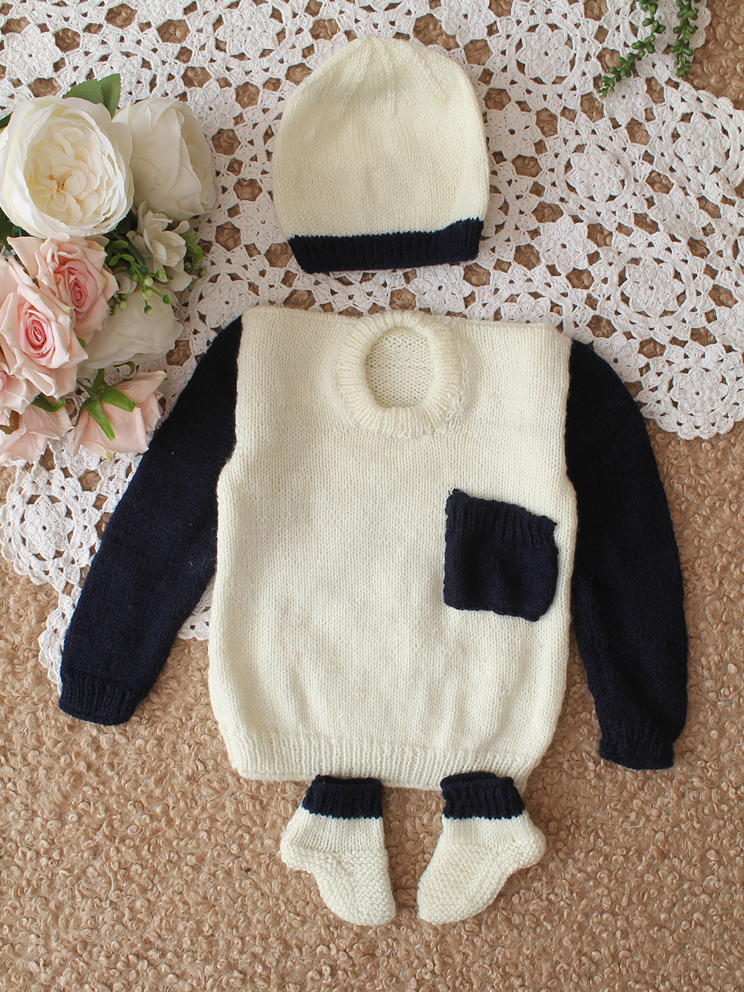 Woonie HandKnitted Full Sleeves Pocket Detailed Sweater with Cap and Socks - White