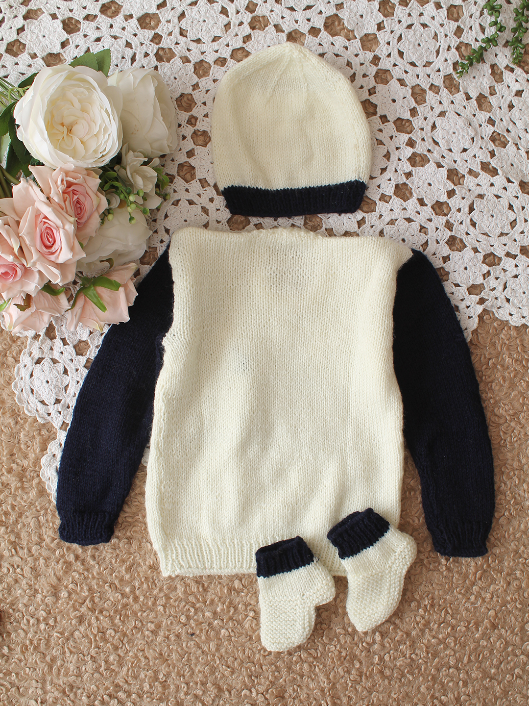 Woonie HandKnitted Full Sleeves Pocket Detailed Sweater with Cap and Socks - White