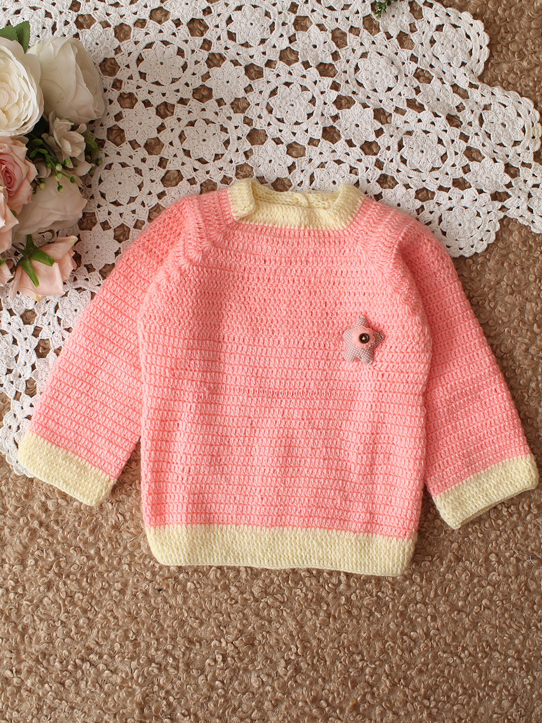 Woonie HandKnitted Full Sleeves 3D Applique Detailed Sweater - Peach