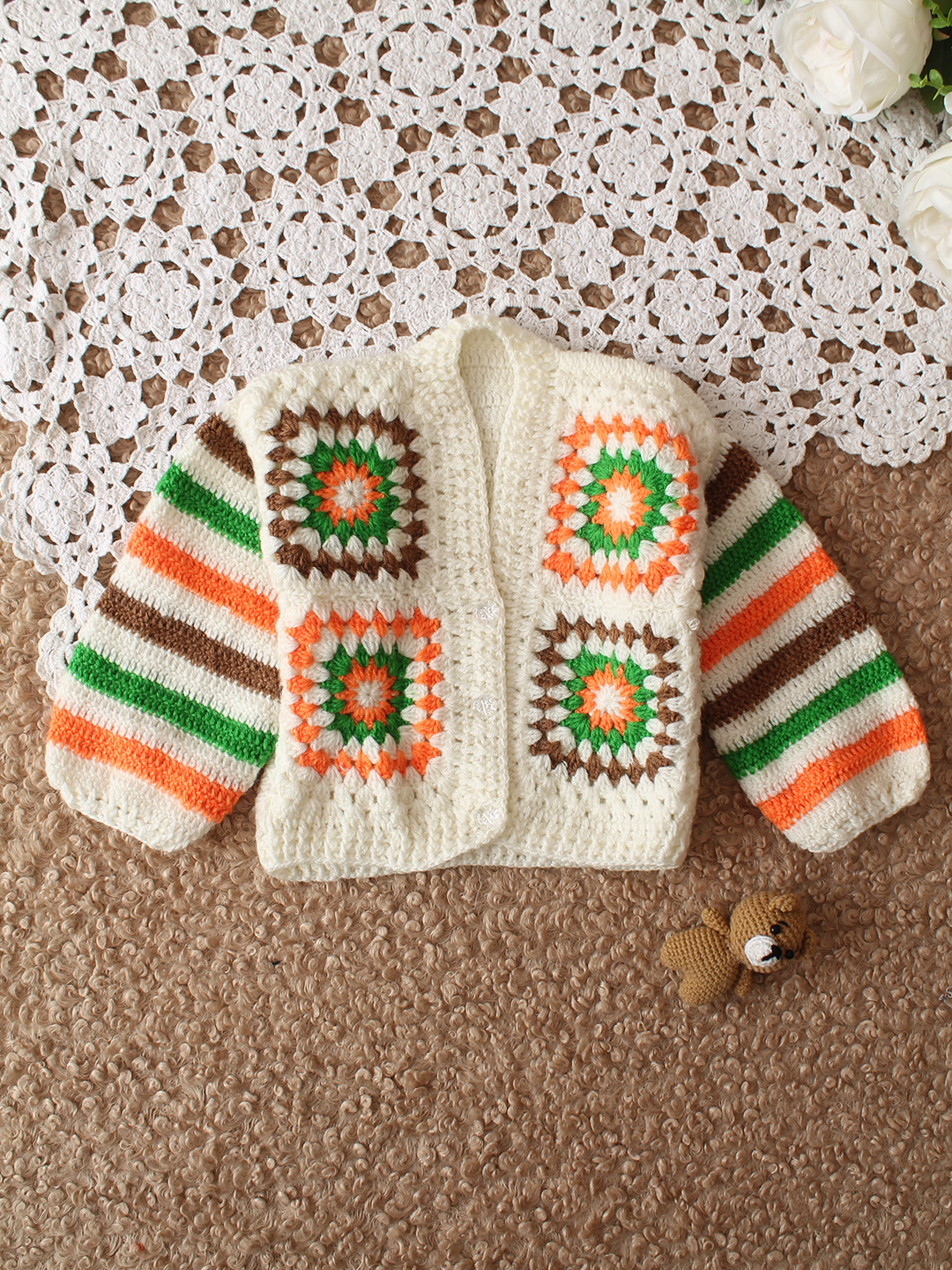 Woonie HandKnitted Full Sleeves Granny Square Detailed Cardigan - Multicolor