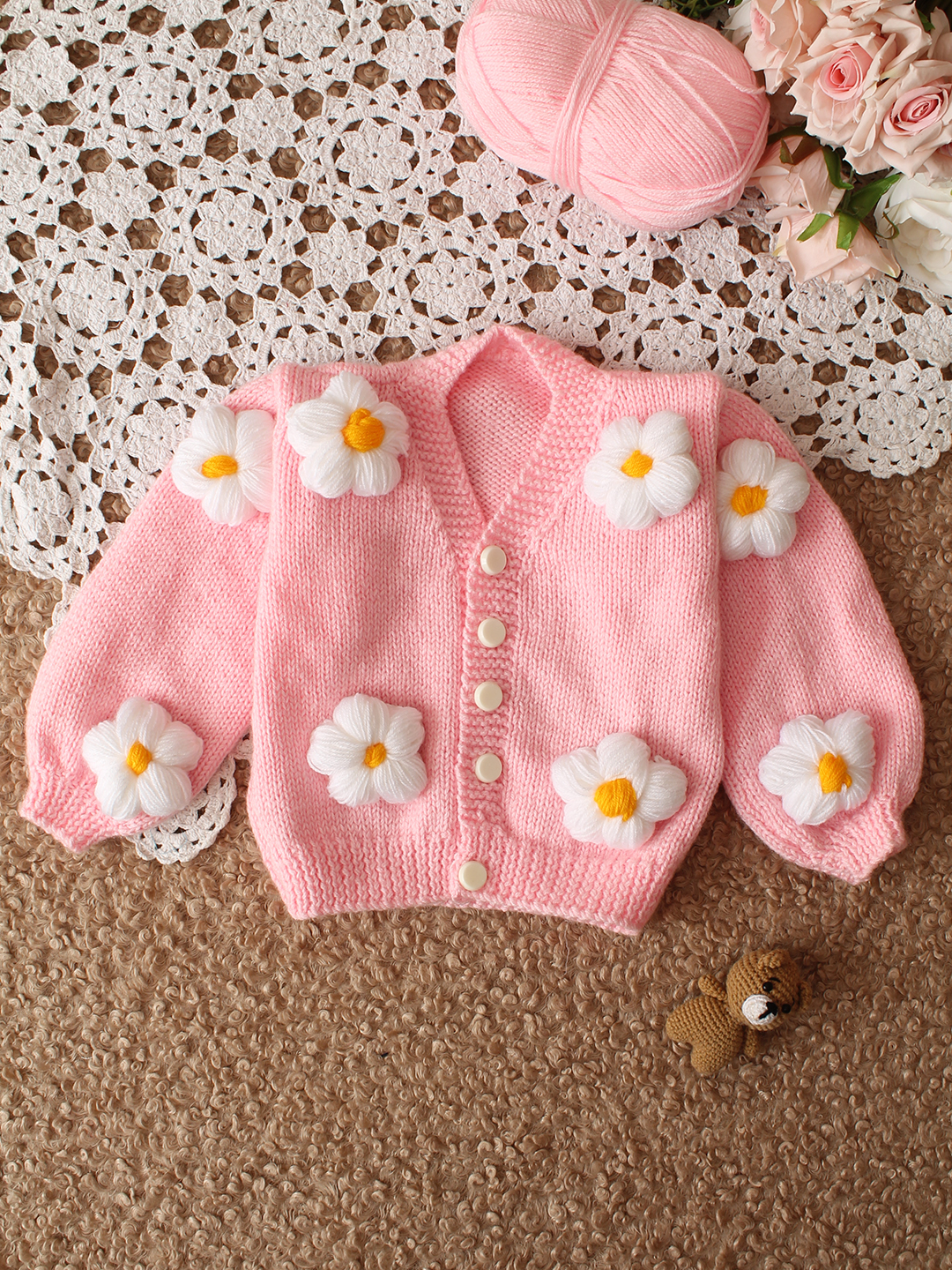 Woonie HandKnitted Full Sleeves 3D Floral Applique Detailed Cardigan - Pink