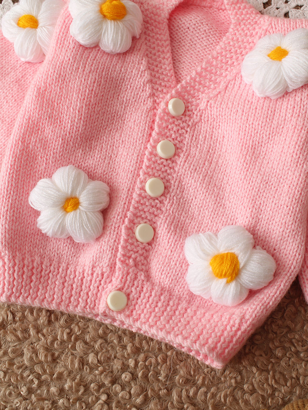 Woonie HandKnitted Full Sleeves 3D Floral Applique Detailed Cardigan - Pink