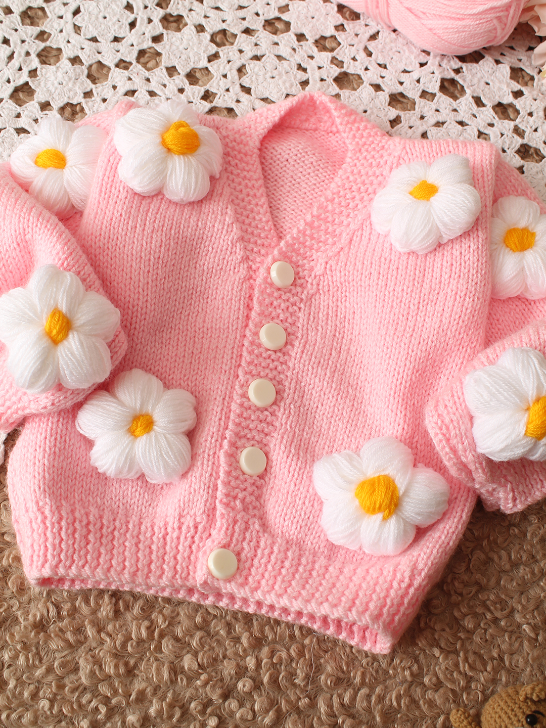 Woonie HandKnitted Full Sleeves 3D Floral Applique Detailed Cardigan - Pink