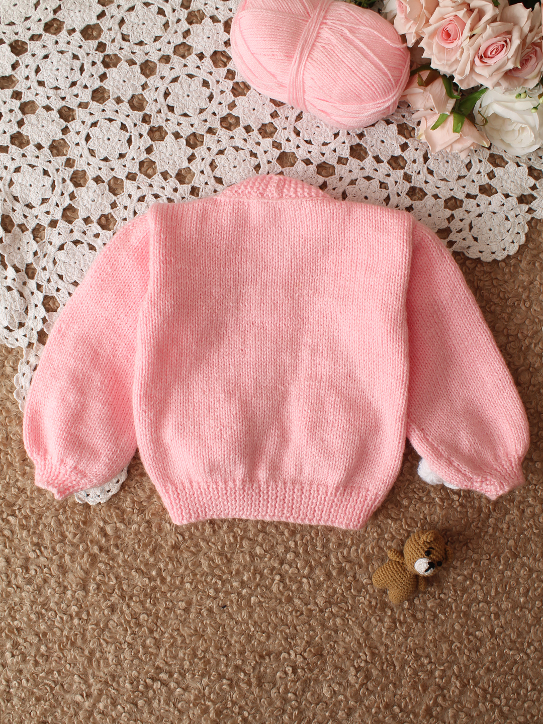 Woonie HandKnitted Full Sleeves 3D Floral Applique Detailed Cardigan - Pink
