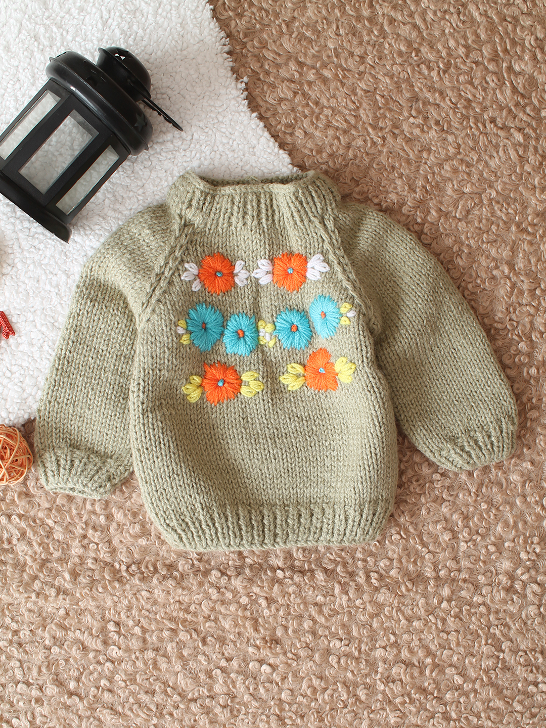 Woonie HandKnitted Full Sleeves Floral Embroidered Sweater - Beige