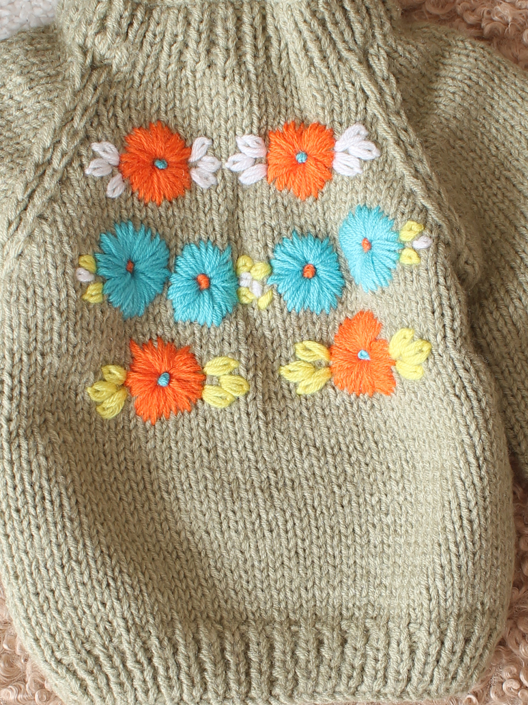 Woonie HandKnitted Full Sleeves Floral Embroidered Sweater - Beige