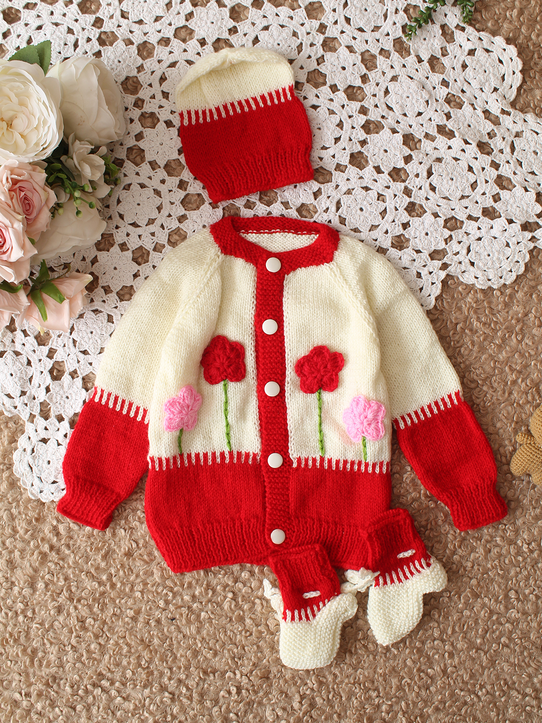 Woonie HandKnitted Full Sleeves Floral Applique Detailed Cardigan With Cap and Socks - Red