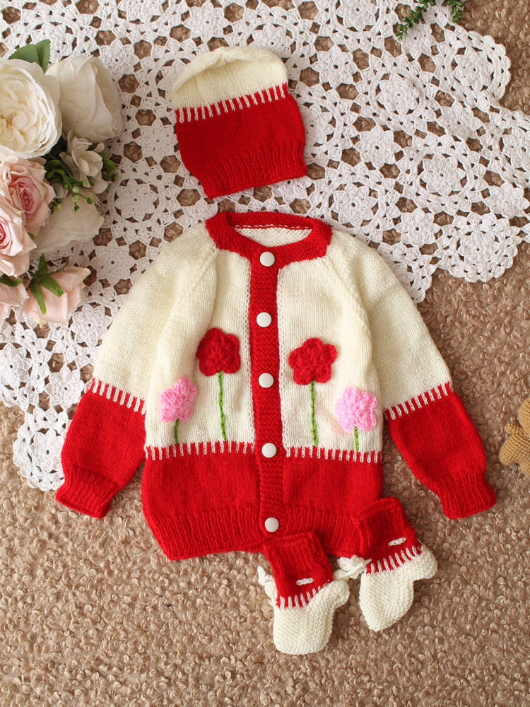 Image of Woonie HandKnitted Full Sleeves Floral Applique Detailed Cardigan With Cap and Socks - Red