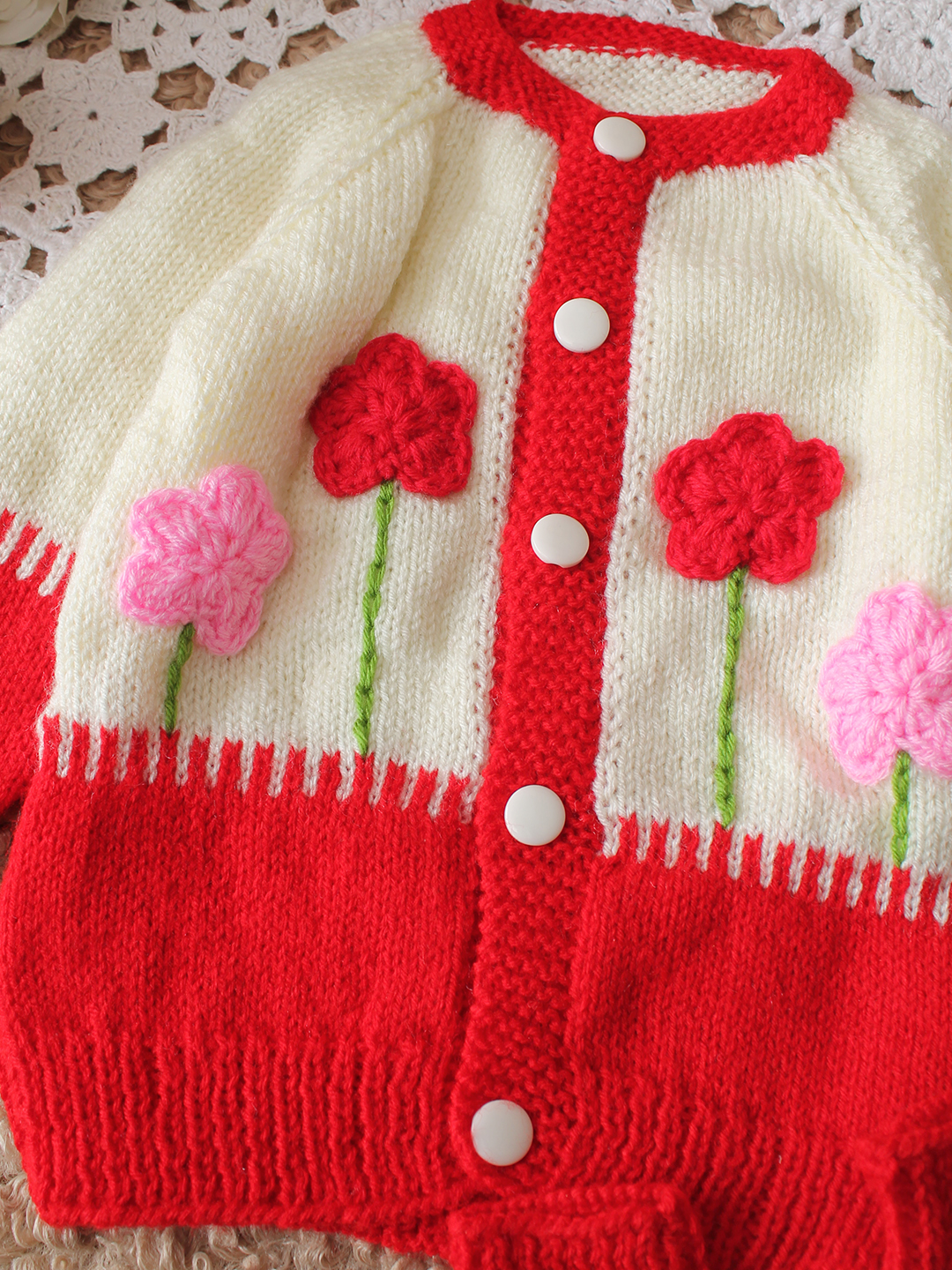 Woonie HandKnitted Full Sleeves Floral Applique Detailed Cardigan With Cap and Socks - Red