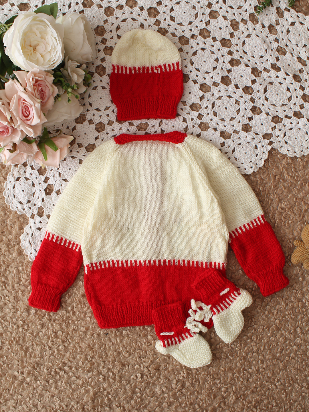 Woonie HandKnitted Full Sleeves Floral Applique Detailed Cardigan With Cap and Socks - Red