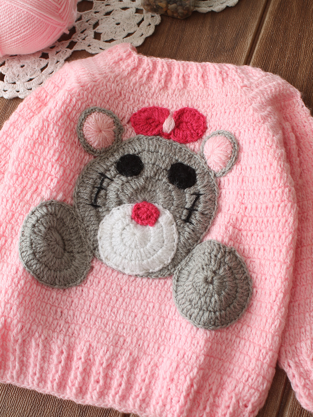 Woonie HandKnitted Full Sleeves Bear Applique Detailed Sweater - Peach