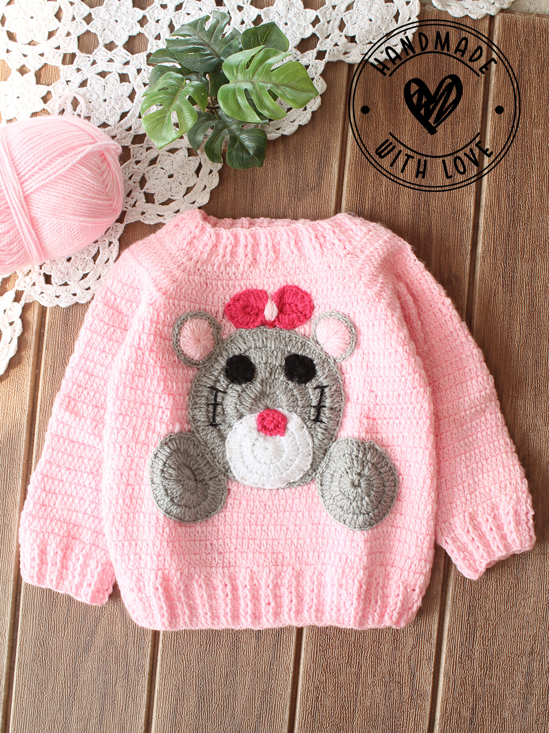 Woonie HandKnitted Full Sleeves Bear Applique Detailed Sweater - Peach