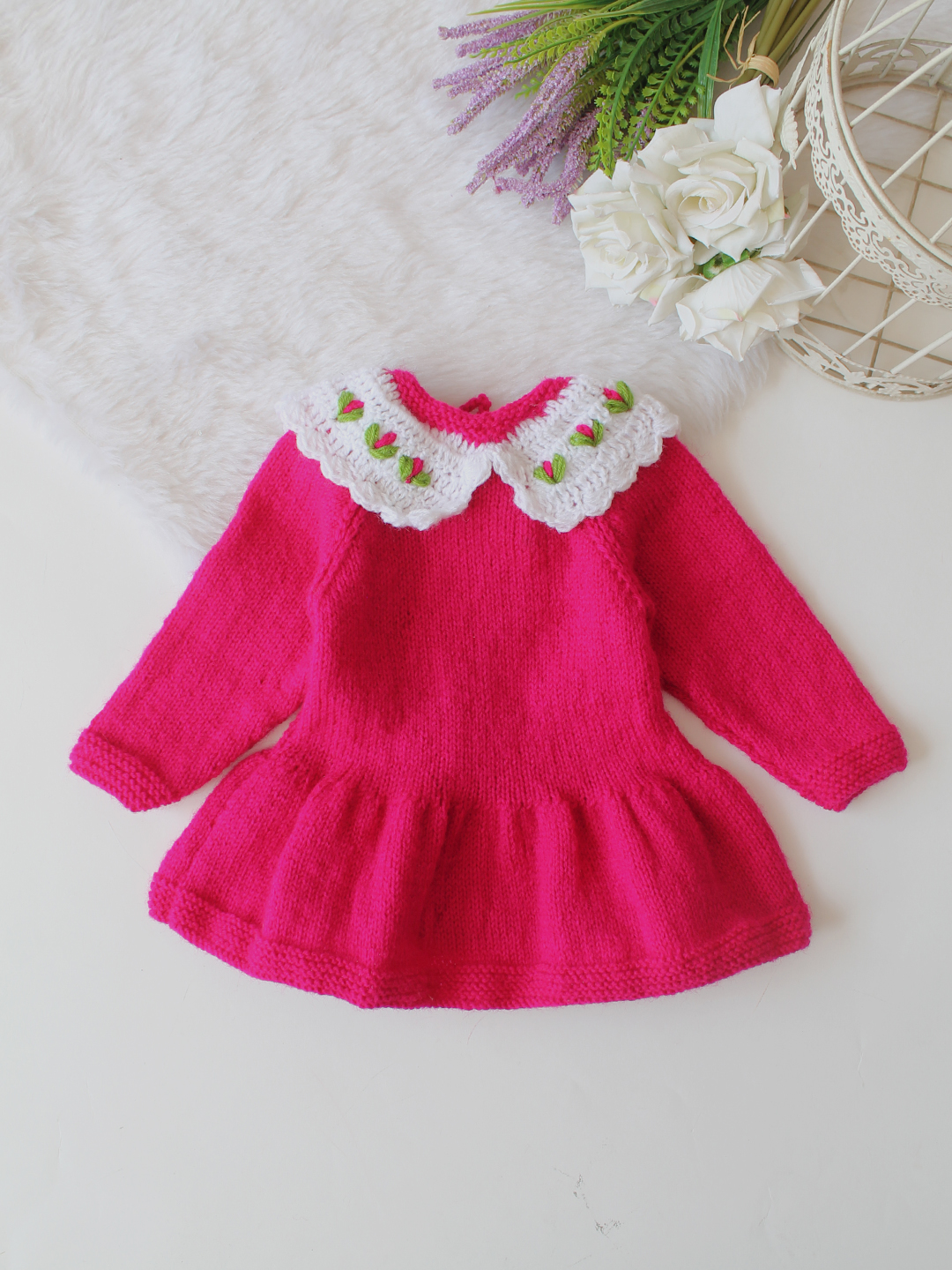 Woonie Handknitted Full Sleeves Flared Sweater - Dark Pink