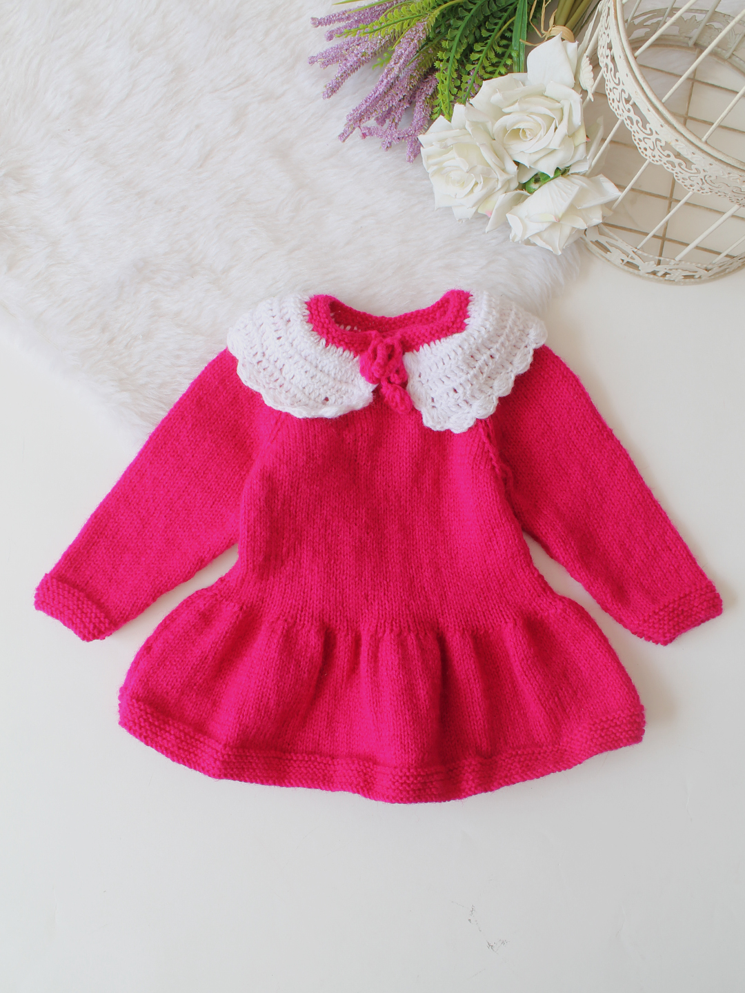 Woonie Handknitted Full Sleeves Flared Sweater - Dark Pink