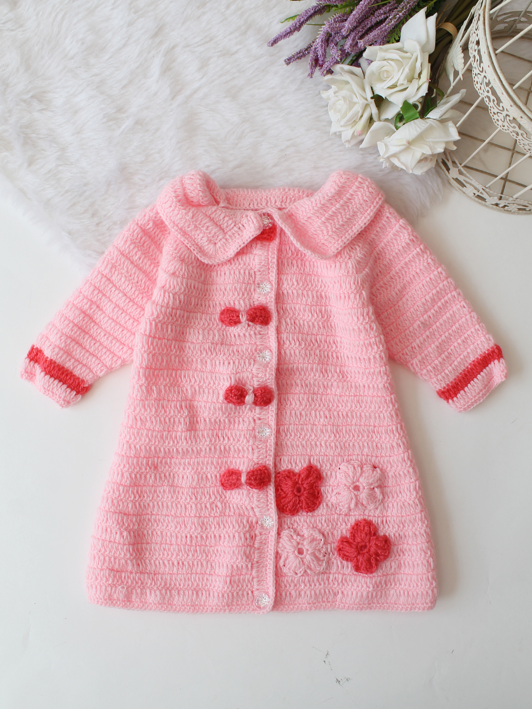 Woonie HandKnitted Full Sleeves Bow Detailed Cardigan - Pink