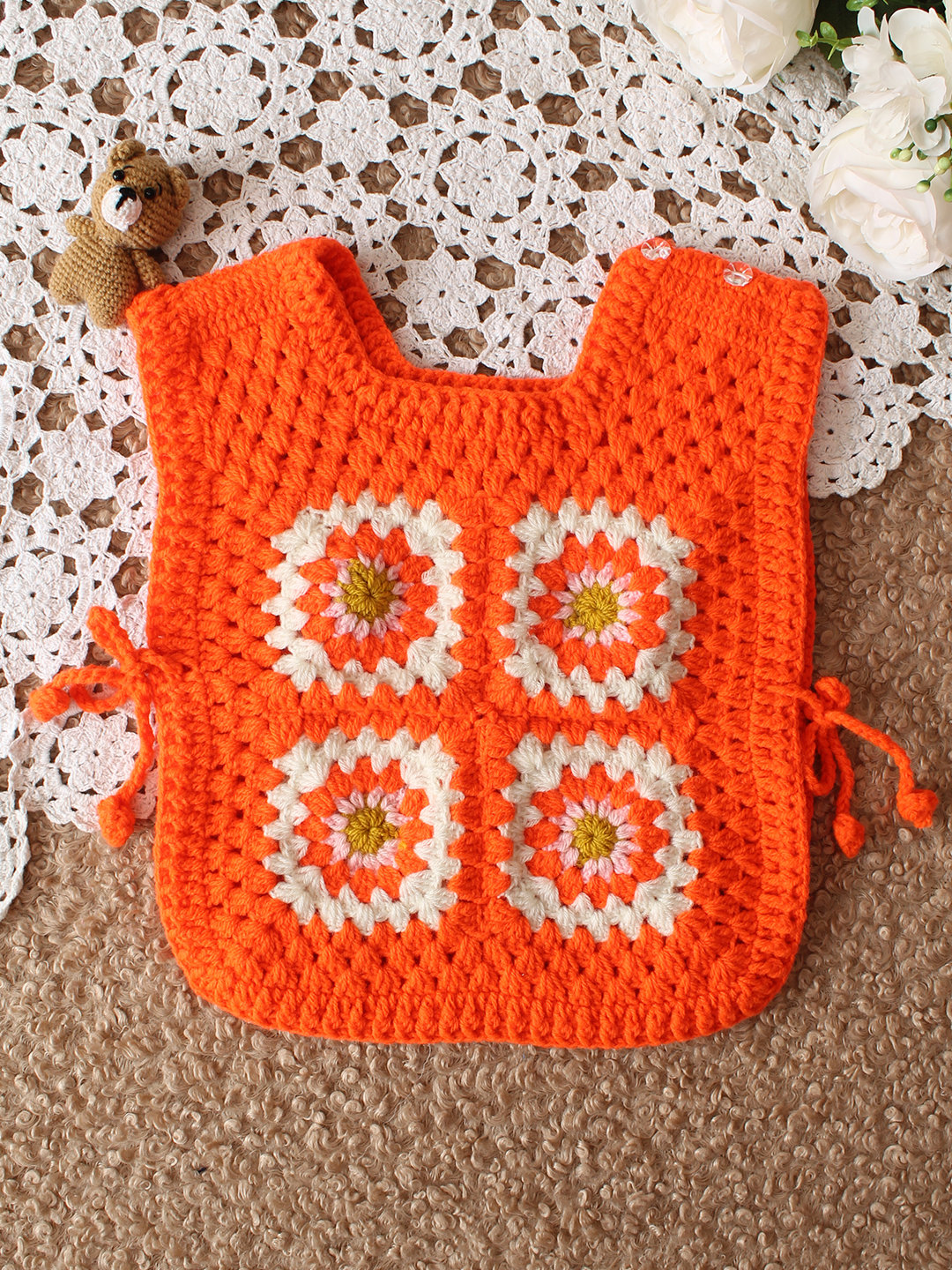 Woonie HandKnitted Sleeveless Side Tie- Knot Detailed Sweater - Orange