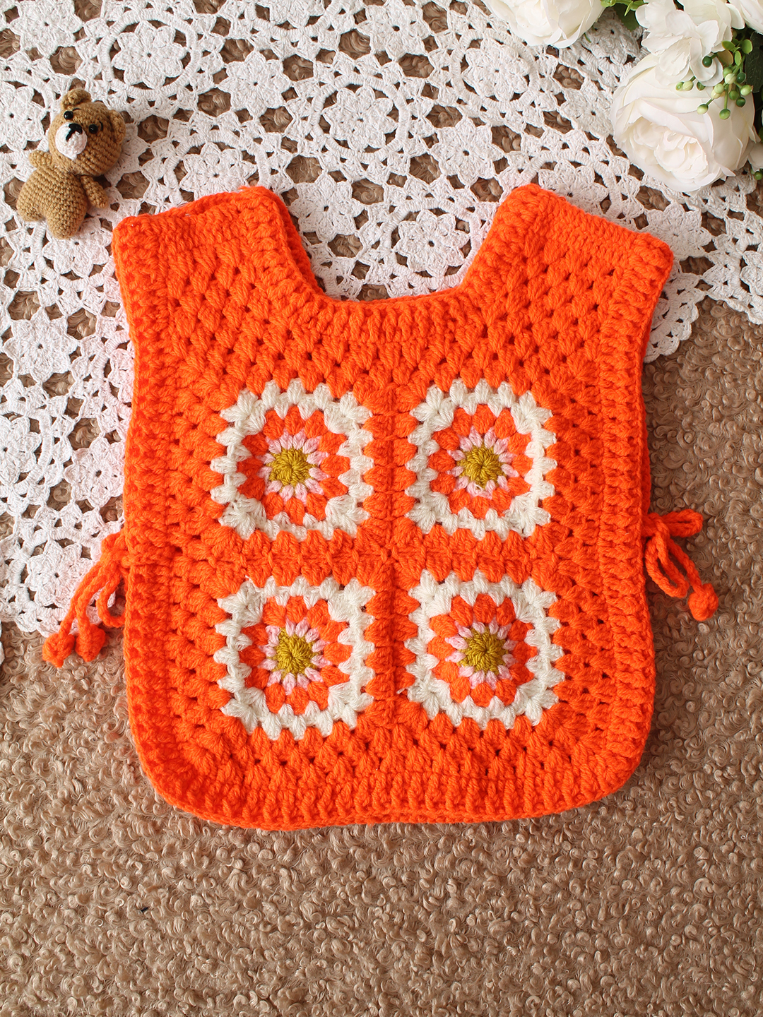 Woonie HandKnitted Sleeveless Side Tie- Knot Detailed Sweater - Orange