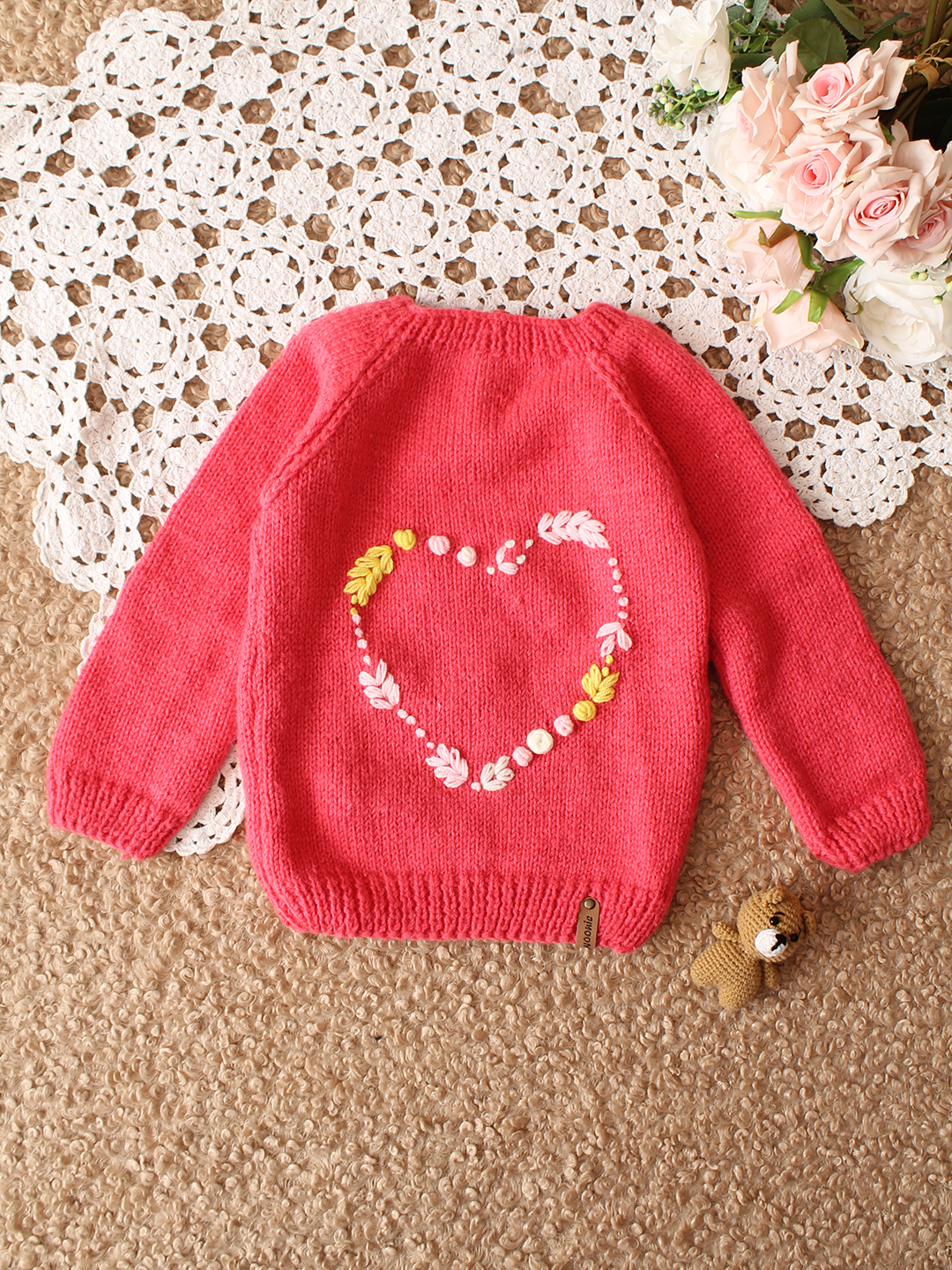 Woonie HandKnitted Full Sleeves Heart Embroidered Sweater - Dark Pink