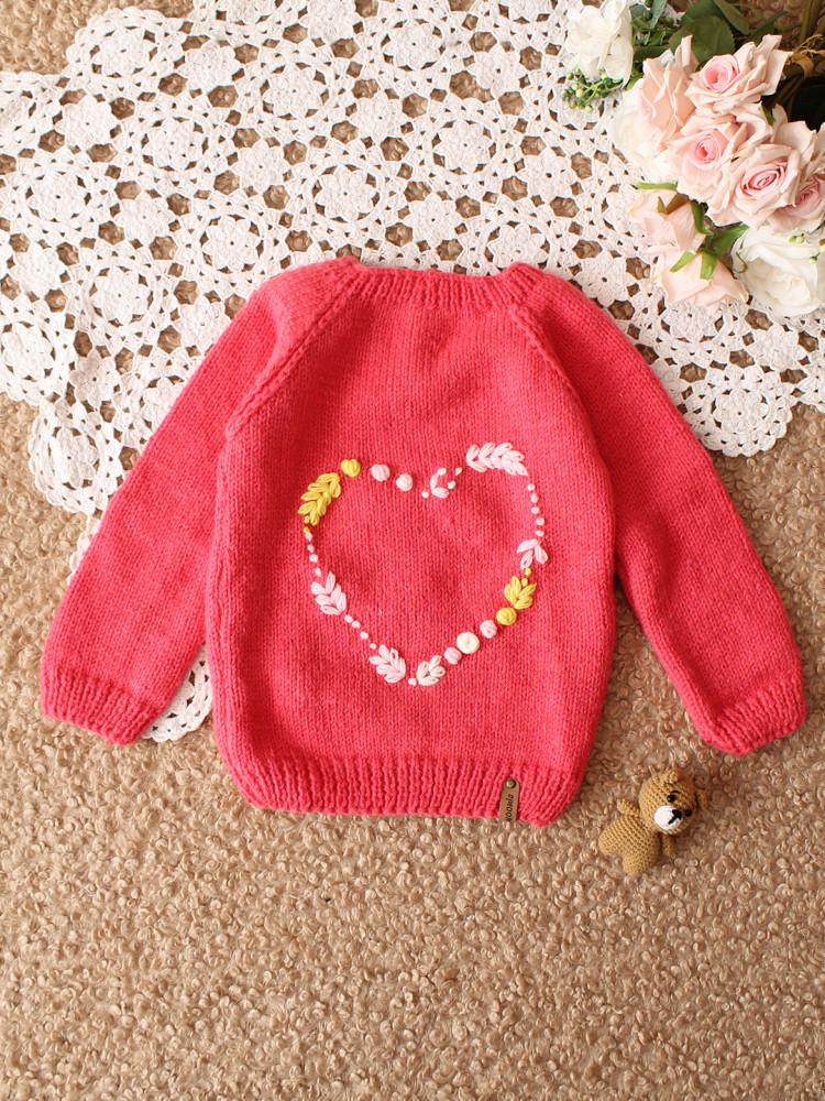 Image of Woonie HandKnitted Full Sleeves Heart Embroidered Sweater - Dark Pink