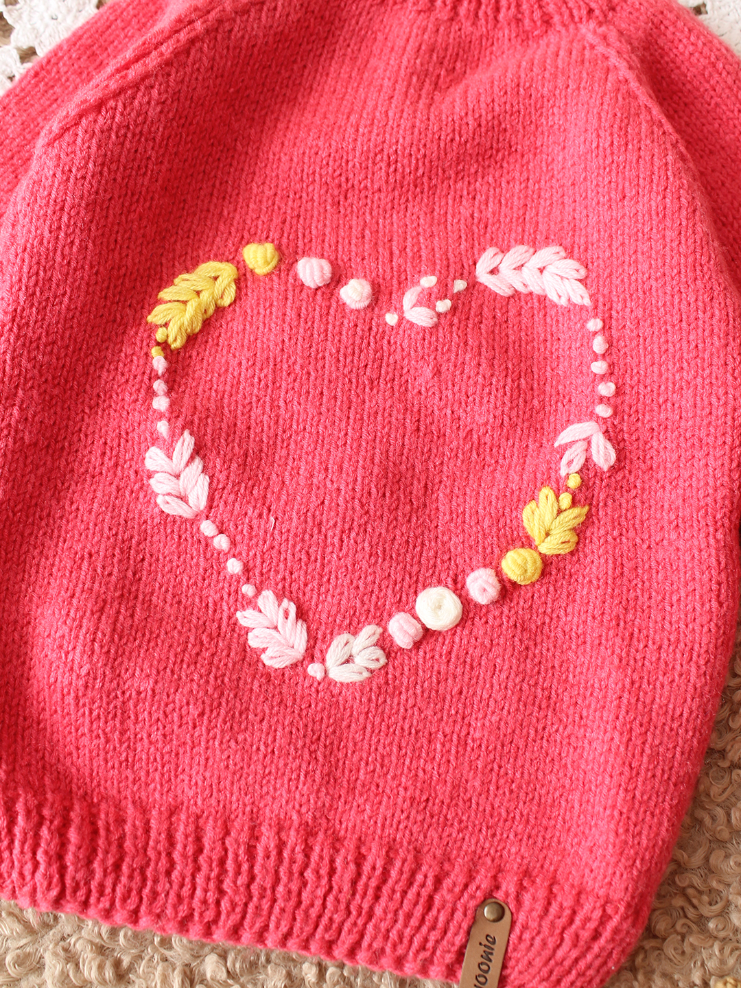 Woonie HandKnitted Full Sleeves Heart Embroidered Sweater - Dark Pink