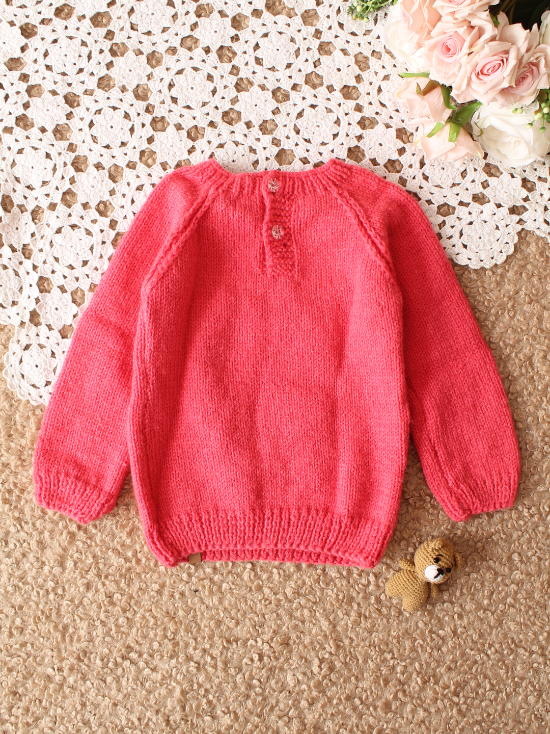 Woonie HandKnitted Full Sleeves Heart Embroidered Sweater - Dark Pink