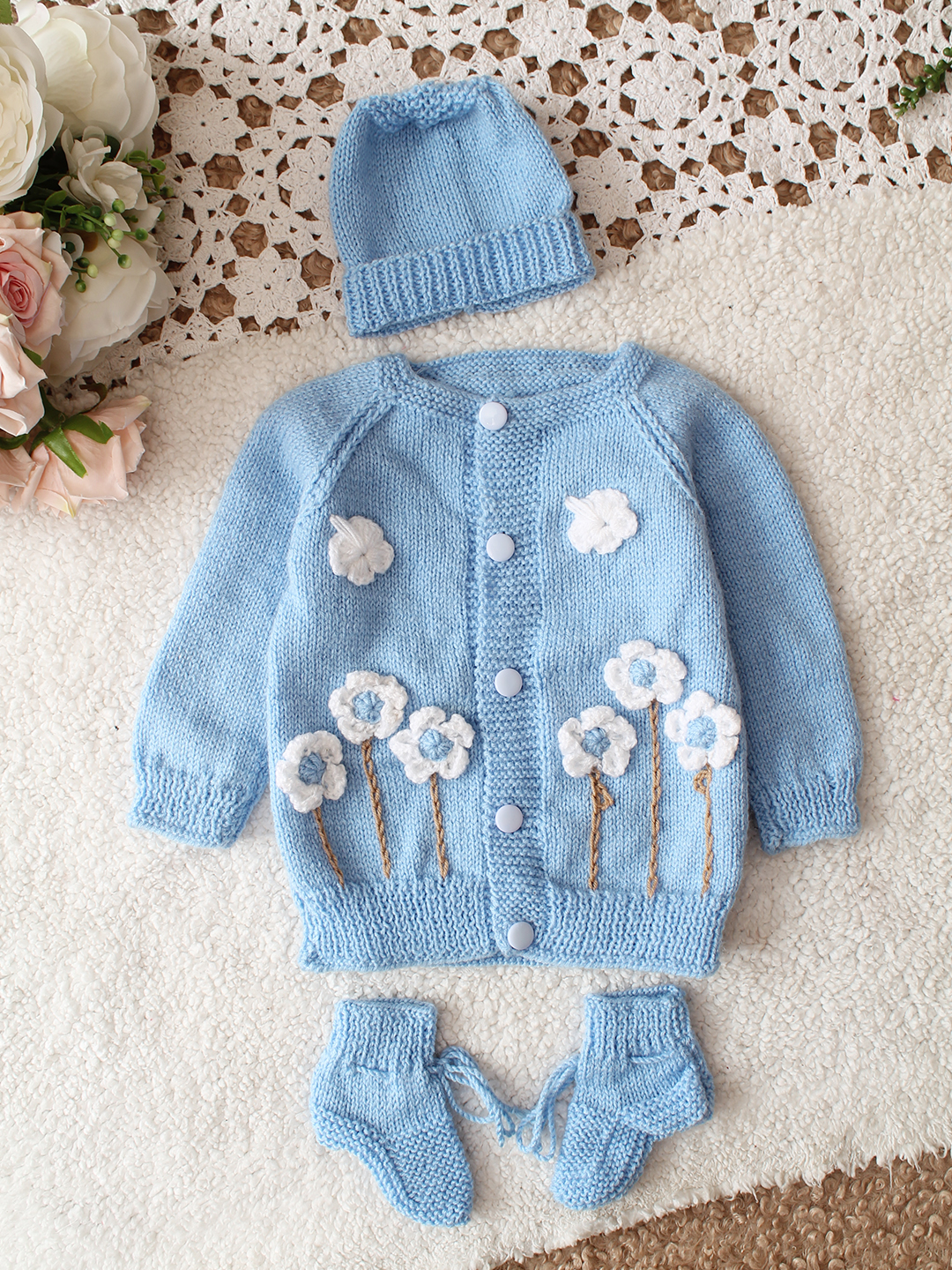 Woonie HandKnitted Full Sleeves Floral Applique Cardigan With Cap and Socks - Sky Blue