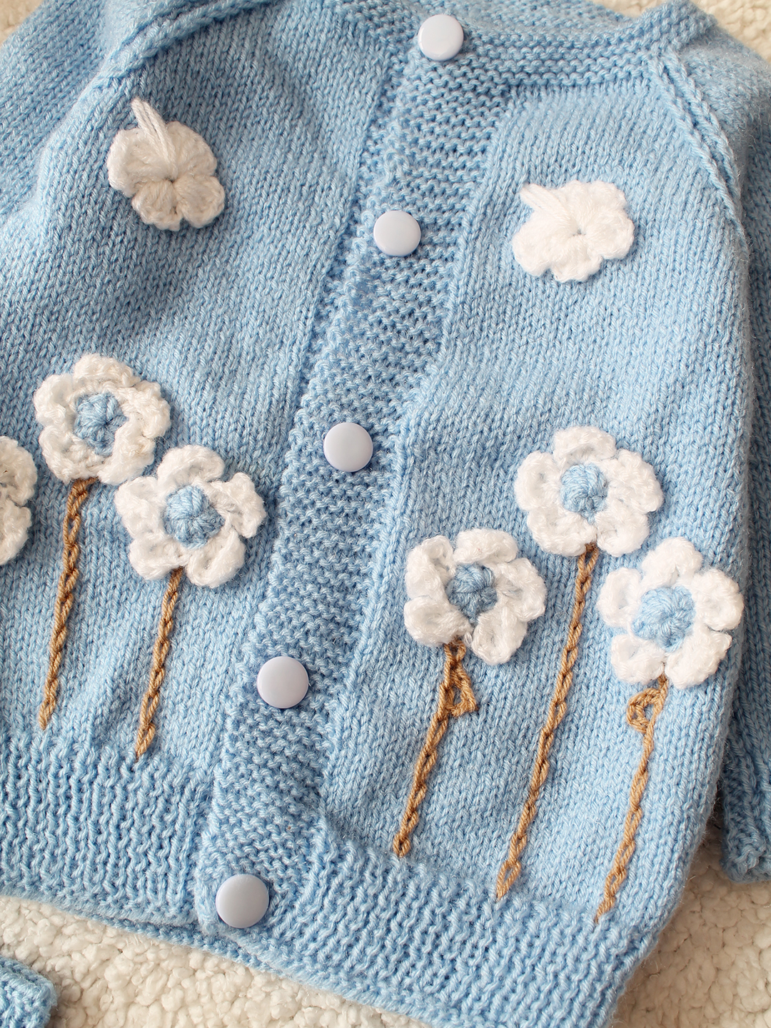 Woonie HandKnitted Full Sleeves Floral Applique Cardigan With Cap and Socks - Sky Blue