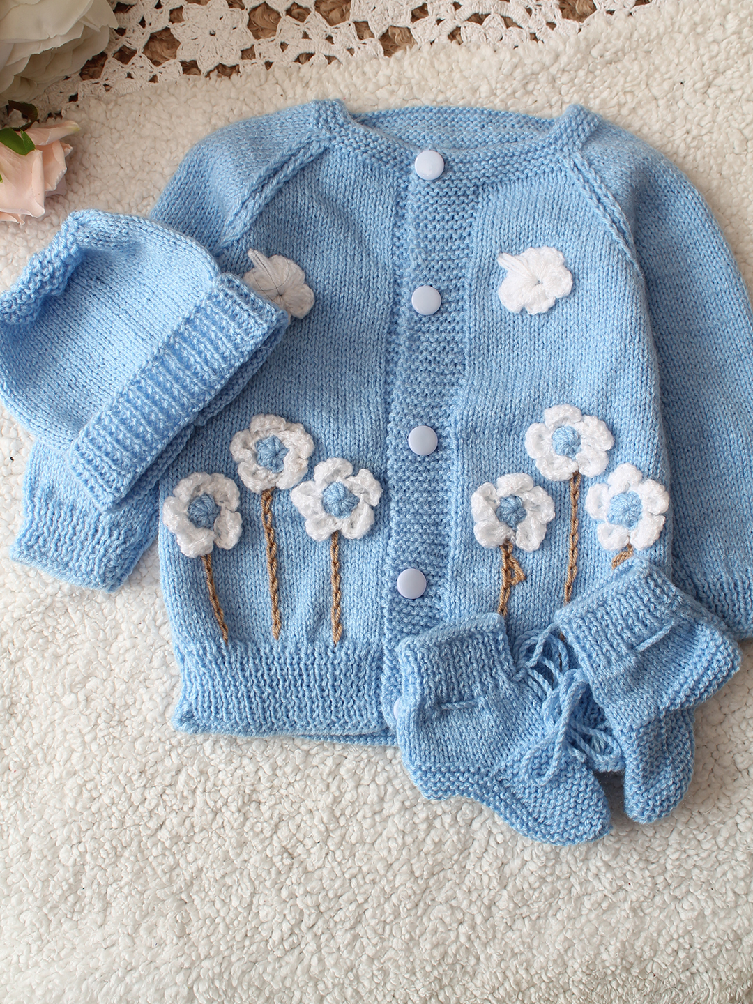 Woonie HandKnitted Full Sleeves Floral Applique Cardigan With Cap and Socks - Sky Blue