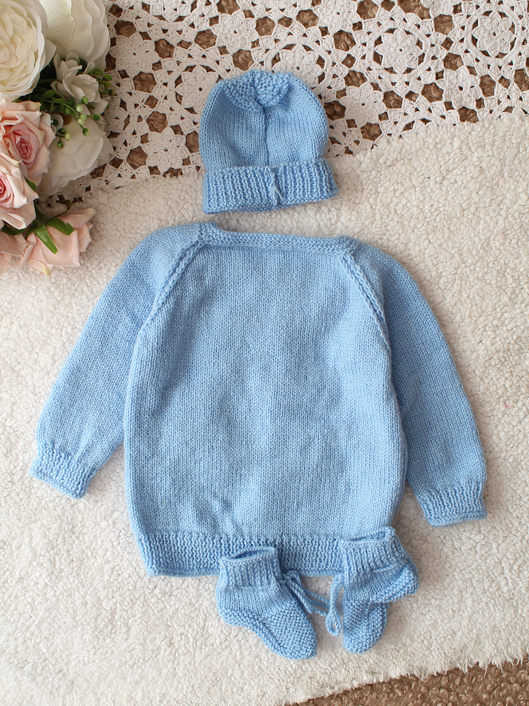 Woonie HandKnitted Full Sleeves Floral Applique Cardigan With Cap and Socks - Sky Blue