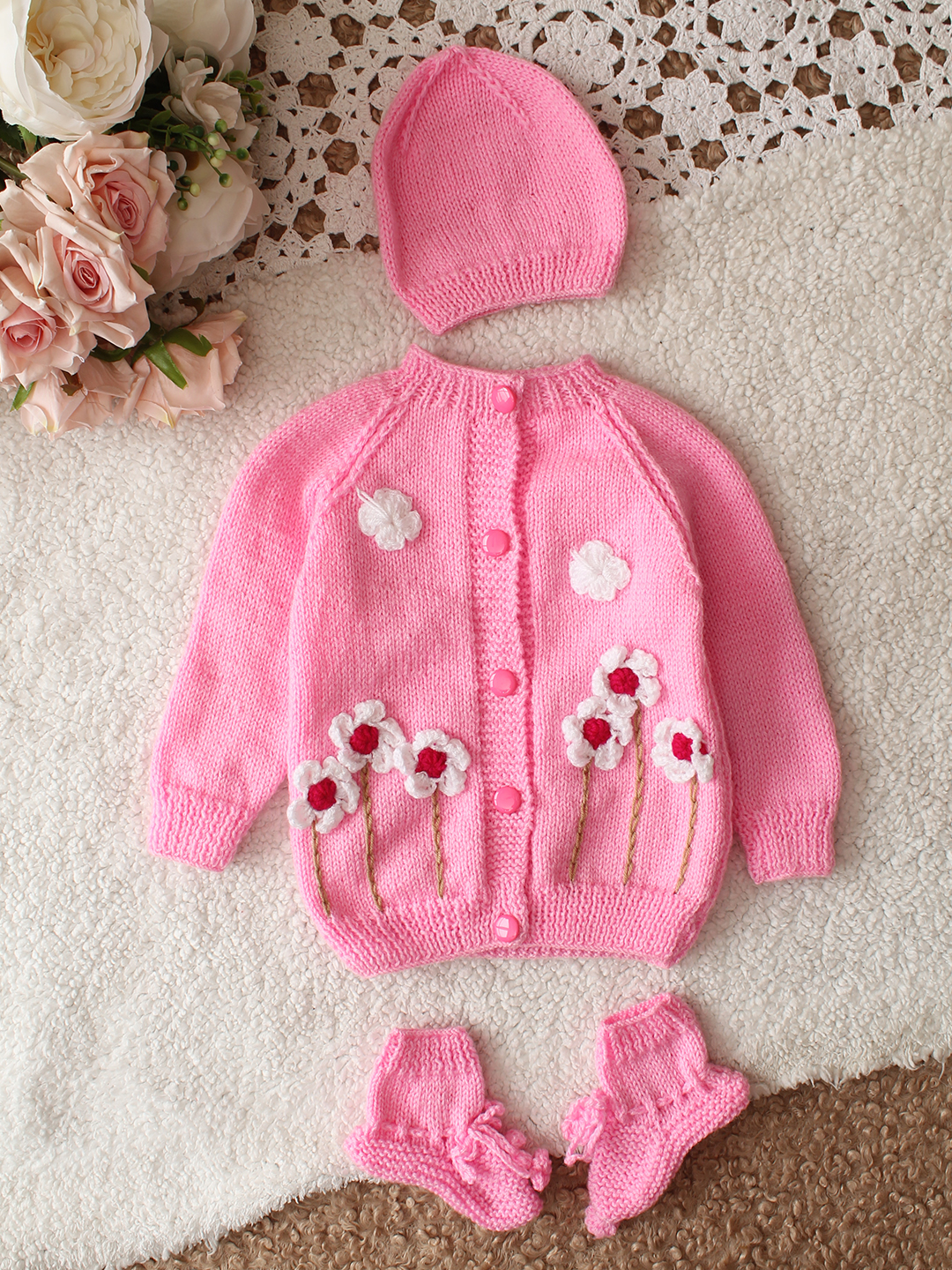 Woonie HandKnitted Full Sleeves Floral Applique Cardigan With Cap and Socks - Pink