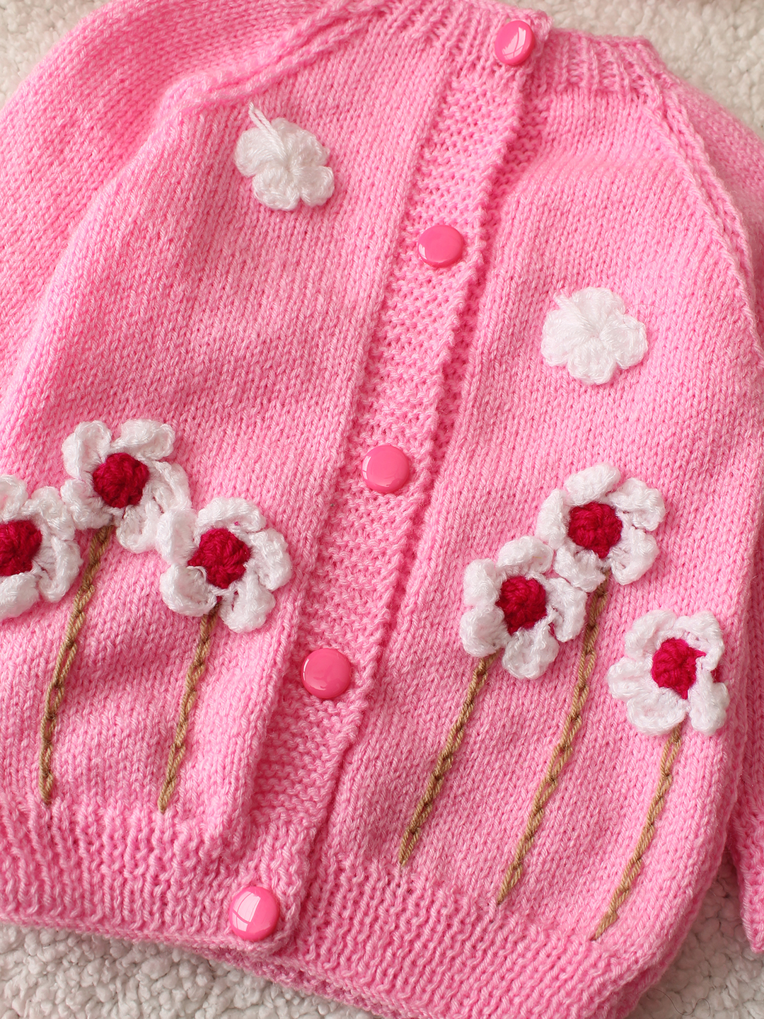Woonie HandKnitted Full Sleeves Floral Applique Cardigan With Cap and Socks - Pink