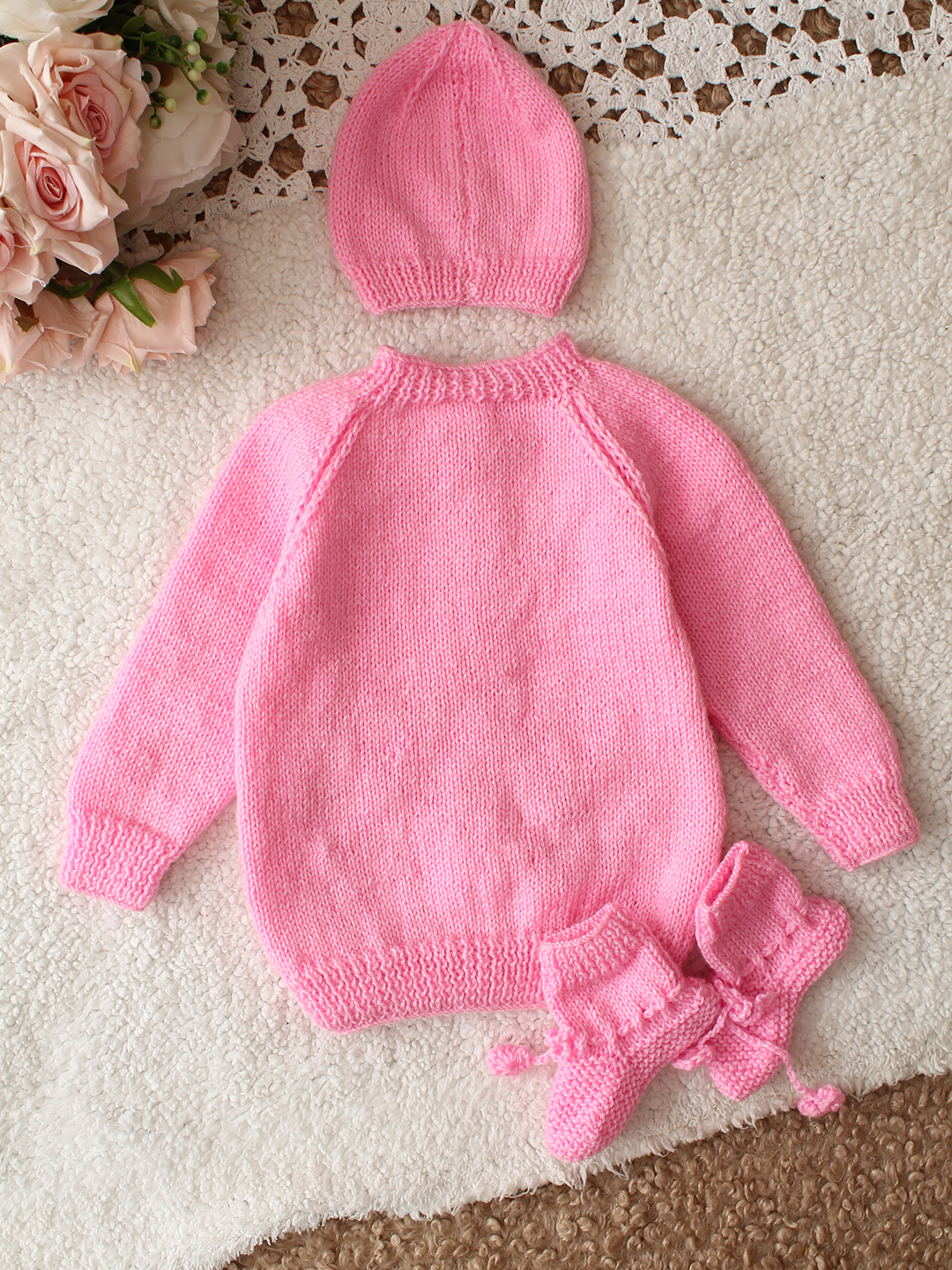 Woonie HandKnitted Full Sleeves Floral Applique Cardigan With Cap and Socks - Pink