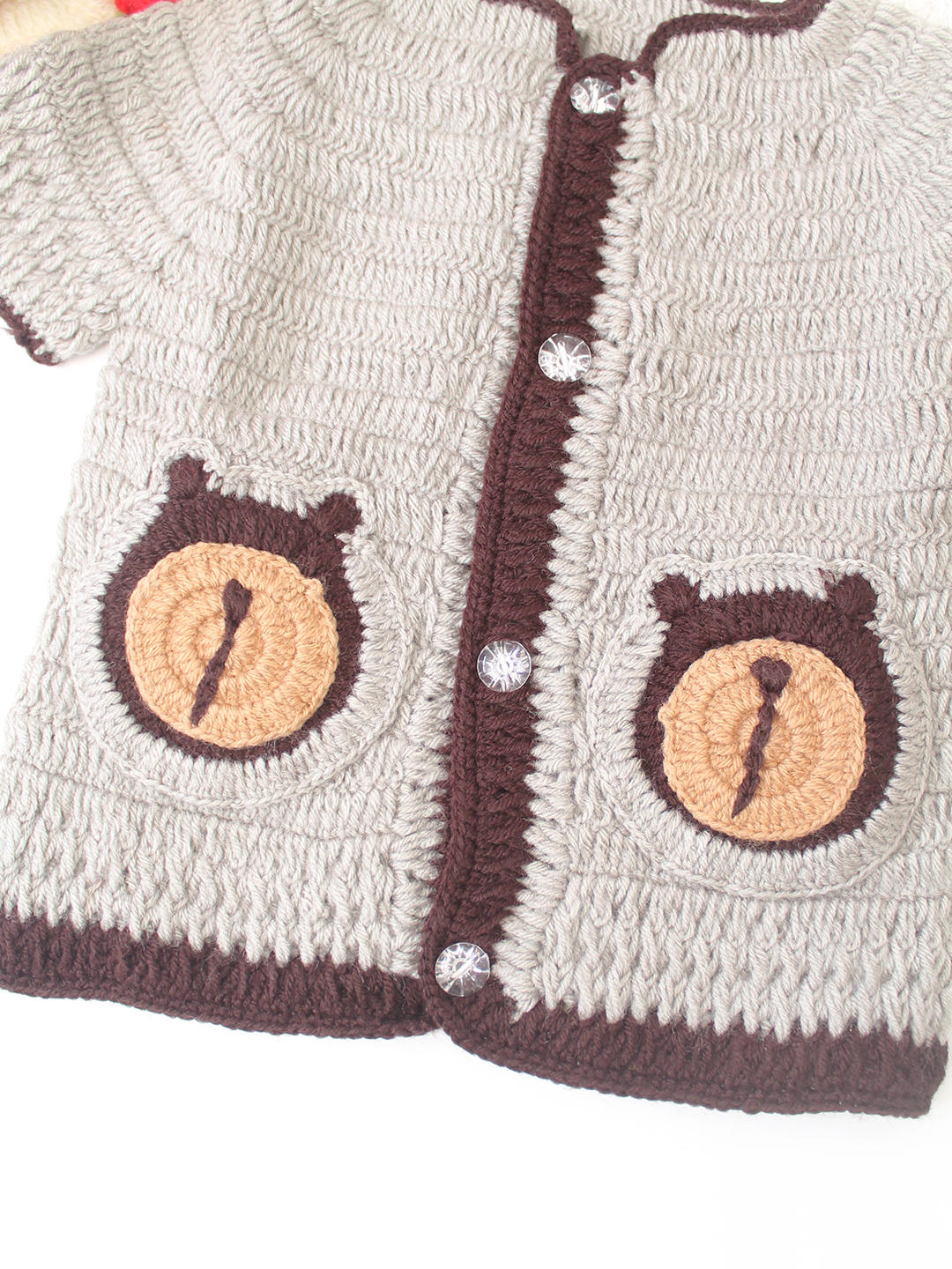 Woonie Handknitted Half Sleeves Bear Pocket Cardigan- Light Grey