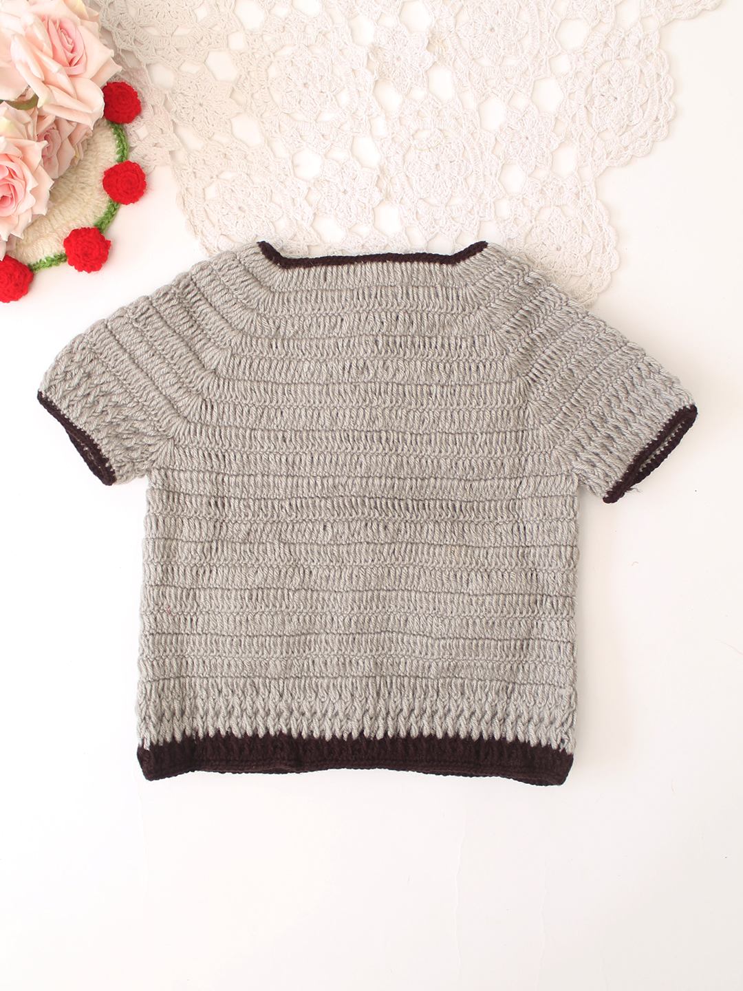 Woonie Handknitted Half Sleeves Bear Pocket Cardigan- Light Grey