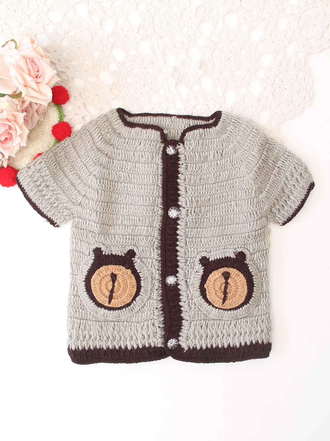Woonie Handknitted Half Sleeves Bear Pocket Cardigan- Light Grey